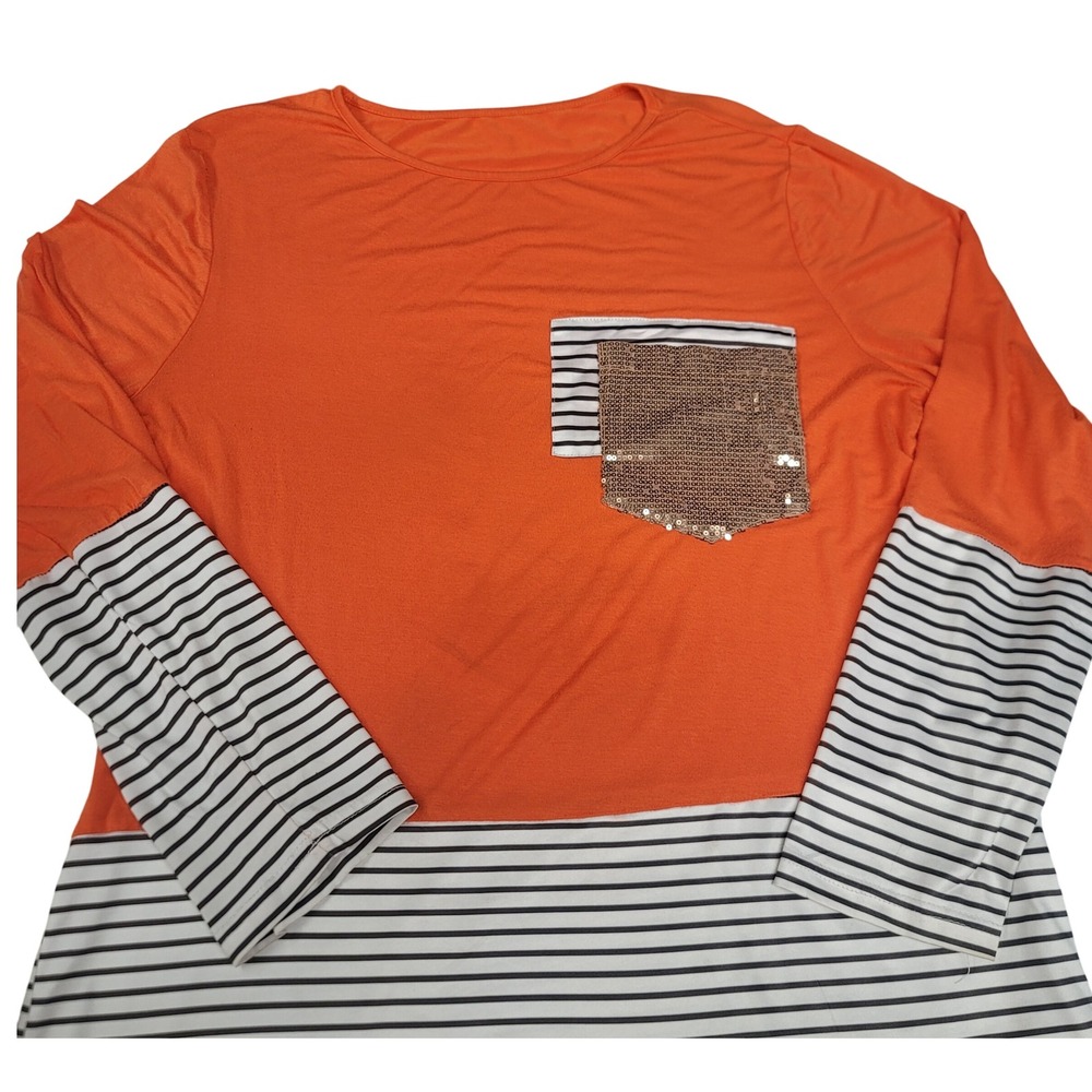 Orange Sequin Pocket Long Sleeve Striped Detail Top Boutique